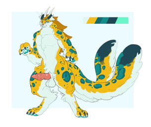 2_tails 3_toes 4_fingers ankle_tuft anthro ball_tuft balls blue_eyes blue_pawpads blue_spots brown_hair chest_tuft claws color_swatch crotch_tuft digitigrade dipstick_tail feet fingers fluffy fluffy_tail fluffy_tails fur genitals hair horn inner_ear_fluff leg_tuft long_hair looking_at_viewer male markings multi_tail multicolored_body multicolored_fur nude_anthro nude_male pawpads penile_spines penis smile solo spots spotted_body spotted_fur standing tail tail_markings toe_claws toes tuft two_tone_body two_tone_fur whiskers white_body white_fur yellow_body yellow_fur soolopik fan_character felid feline leopard mammal pantherine hi_res story story_in_description