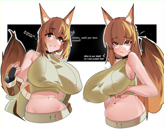 5_fingers animal_ears big_breasts bottomwear breasts brown_ears brown_eyes brown_hair brown_tail clothed clothed_female clothed_humanoid clothing crop_top dialogue directional_arrow eye_through_hair eyebrow_through_hair eyebrows female female_humanoid fingerless_gloves fingers front_view gloves hair handwear heart_symbol huge_breasts inner_ear_fluff light_body light_skin midriff mouth_closed multiple_poses navel pose sagging_breasts shirt simple_background sleeveless_shirt small_waist solo tail text topwear translucent translucent_hair tuft white_inner_ear_fluff naxius_noxy arknights hypergryph studio_montagne franka_(arknights) animal_humanoid canid canid_humanoid canine canine_humanoid fox_humanoid humanoid mammal mammal_humanoid 2023 absurd_res digital_media_(artwork) english_text half-length_portrait hi_res portrait