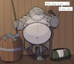 anthro arm_hair barrel belly big_belly bodily_fluids body_hair bottomwear clothed clothing dialogue duffel_bag fanning fanning_self fishing_rod grey_body male moobs navel neck_rolls nipples obese obese_anthro obese_male overweight overweight_anthro overweight_male pants scar scars_all_over simple_background solo speech_bubble spots sweat topless lizard_soup flint_(lizard_soup) mammal marine pinniped seal 2022