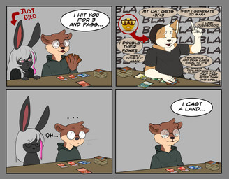 4_panel_comic beanie black_body black_fur card_game clothed clothing comic_panel dialogue eyewear fur gaming glasses hair hat headgear headwear humor orange_body orange_fur pink_hair shirt speech_bubble t-shirt text topwear white_hair yellow_body yellow_fur corginamedbruno hasbro magic:_the_gathering wizards_of_the_coast canid canine canis domestic_dog herding_dog lagomorph leporid mammal mustelid otter pastoral_dog rabbit welsh_corgi absurd_res comic english_text hi_res