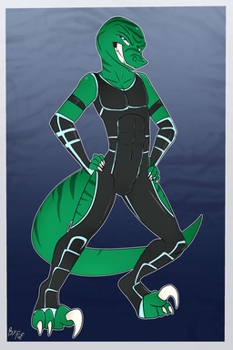 abs anthro athletic athletic_anthro athletic_male biped black_clothing black_stripes bulge claws clothed clothing digitigrade eyebrows front_view green_body grin hands_on_own_hips looking_at_viewer male pecs pose sharp_teeth sickle_claw simple_background smile solo standing striped_body stripes tail teeth tight_clothing toe_claws fuf dinosaur dromaeosaurid prehistoric_species reptile saurischian scalie theropod 2019 2:3 hi_res