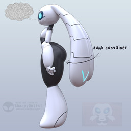 anthro big_butt big_ears black_body blue_eyes bottom_heavy butt eyelashes female flat_chested floppy_ears grey_background long_ears lop_ears machine side_view simple_background solo text thick_thighs thought_bubble white_body wide_hips sharpybutts evil_container sharpy_(sharpybutts) lagomorph leporid mammal rabbit robot 3d_(artwork) absurd_res digital_media_(artwork) english_text hi_res meme