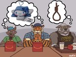 adolescent anthro black_clothing blue_clothing clothing group male muscular muscular_male noose shirt tank_top thought_bubble topwear trio young nanoff cinnamoroll happy_meal kiss_(band) mcdonald's sanrio boomer_(nanoff) cinnamon_(cinnamoroll) miles_(nanoff) zoomer_(nanoff) canid canine canis felid mammal pantherine tiger wolf 4:3 hi_res