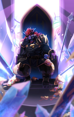 anthro armor brown_body brown_scales cape chair chest_gem clothing coin furniture gem hair horn male muscular muscular_male orange_hair pauldron pecs scales solo throne treasure kukku_kuu anothereidos_of_dragon_vein_r mythology barboros_(anothereidos_r) dragon mythological_creature mythological_scalie scalie absurd_res hi_res