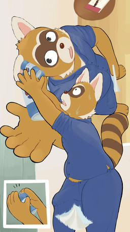 anthro beverage_can big_bulge bodily_fluids bulge catch clothing covering covering_crotch denim denim_clothing floor huge_bulge magazine male nervous nervous_sweat plumber solo sweat wood wood_floor gold_iris robot_dreams rascal_(robot_dreams) mammal procyonid raccoon 9:16 absurd_res hi_res