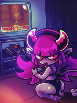 2_horns 5_toes bat_wings black_bra black_clothing black_panties black_underwear bra butt clothed clothed_female clothed_humanoid clothing controller curtains detailed_background ear_piercing ear_ring electronics eyelashes feet female female_humanoid fingers game_controller gaming hair head_horn hip_wings holding_controller holding_game_controller holding_object horn humanoid_pointy_ears long_hair looking_back membrane_(anatomy) membranous_wings panties piercing pink_hair playing_video_game pointy_ears pose pupils ring_piercing sitting_on_knees solo spade_tail tail television television_stand text toes underwear unusual_pupils unusual_wing_placement wings chocovania doom_(series) id_software microsoft nintendo super_nintendo chocovania_(chocovania) demon demon_humanoid horned_humanoid humanoid imp 2025 digital_media_(artwork) hi_res pinup