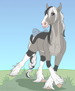 accessory black_outline blaze_(marking) blep bow_(feature) bow_accessory bow_ribbon facial_markings female feral fetlocks furgonomics grass grassland head_markings hooves markings outline pink_tongue plant prancing presenting purple_eyes quadruped ribbons solo standing tail tail_accessory tail_bow tail_ribbon tongue tongue_out white_markings sunny_way lunete draft_horse equid equine horse mammal shire 2018 digital_media_(artwork) flat_colors full-length_portrait hi_res portrait