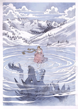 ambiguous_gender anthro clothed clothing dress duo female hair long_hair reflection water loputyn canid canine canis human mammal wolf hi_res traditional_media_(artwork)