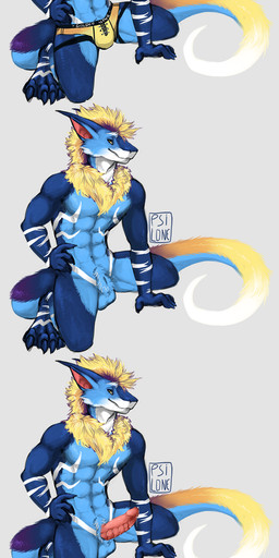 abs animal_genitalia anthro blonde_hair blue_body blue_fur blue_hair bodily_fluids clothed clothing dripping erection fully_sheathed fur genital_fluids genitals gradient_fur hair hand_on_hip kneeling looking_at_viewer male male_anthro mane muscular muscular_anthro muscular_male nude nude_anthro nude_male pecs penis pink_penis precum precum_drip purple_body purple_fur purple_hair sheath simple_background solo spread_legs spreading striped_body striped_fur stripes tail topless topless_anthro topless_male underwear underwear_only white_body white_fur white_hair yellow_body yellow_eyes yellow_fur i-psilone mythology teryx_commodore dragon mythological_creature mythological_scalie scalie 2017 hi_res multiple_images