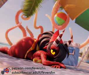 ball beach_ball beach_umbrella big_butt bikini black_hair breasts butt clothing female fingers hair horn inflatable looking_at_viewer not_furry parasol solo swimwear tentacles text two-piece_swimsuit yellow_sclera feversfm valorlynz_(modeler) hellaverse helluva_boss sallie_may_(helluva_boss) demon humanoid imp 2024 3d_(artwork) digital_media_(artwork) url trans_(lore) trans_woman_(lore)