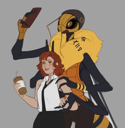 4_arms accessory amber_eyes antennae_(anatomy) anthro arthropod_abdomen beanie black_eyes cellphone clothed clothing compound_eyes container cup duo electronics female female_on_anthro fingerless_gloves fur gloves hair hair_accessory hairpin hand_holding hand_on_shoulder handwear hat headgear headwear human_on_anthro interspecies larger_anthro larger_male light_body light_skin male male/female male_on_human mandibles membrane_(anatomy) membranous_wings multi_arm multi_limb phone red_hair romantic romantic_couple ruff size_difference smaller_female smaller_human smartphone sweatband wings xenophilia yellow_body yellow_fur leafjuly izzac kim_(leafjuly) alien arthropod bee human hymenopteran insect mammal 2024 colored hi_res sketch unfinished