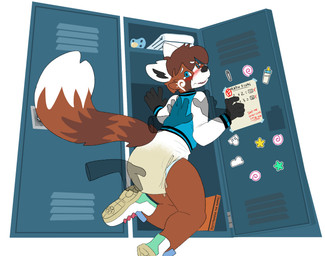 ageplay anthro blue_clothing blue_eyes blue_topwear blush bodily_fluids brown_body brown_fur brown_hair clothed clothing diaper disembodied_hand duo footwear fur genital_fluids glistening glistening_eyes hair infantilism leaking_diaper locker male male_anthro markings open_mouth pacifier roleplay shoes short_hair slim_anthro slim_male solo_focus standing striped_markings striped_tail stripes tail tail_markings topwear unclean_diaper urine used_diaper wearing_diaper wet_diaper white_body white_clothing white_diaper white_fur white_topwear hardscales ailurid mammal red_panda hi_res