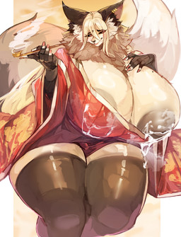 absolute_territory anthro areola areola_slip asian_clothing autolactation big_areola big_breasts big_tail black_areola black_body black_clothing black_fur black_legwear black_nipples black_sclera black_stockings blush bodily_fluids breastmilk breasts brown_areola clothing curvy_figure east_asian_clothing eyelashes female fluffy fluffy_tail fur glistening glistening_breasts glistening_thighs half-closed_eyes hand_on_breast huge_breasts huge_tail huge_thighs inverted_nipples japanese_clothing kemono kimono kiseru lactating lactating_through_clothing legwear looking_at_viewer markings mature_anthro mature_female milk mole_(marking) mole_on_breast narrowed_eyes neck_tuft nipples one_breast_out pose pupils red_clothing red_eyes red_kimono red_pupils simple_background sitting small_head smoking_pipe solo spiral_blush stockings tail tan_body tan_fur thick_thighs tiny_head tuft voluptuous voluptuous_anthro voluptuous_female wet wet_clothing white_body white_fur wtgn_grim canid canine fox fox_spirit mammal 2025 absurd_res colored digital_drawing_(artwork) digital_media_(artwork) hi_res