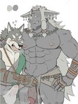 abs anthro anthro_on_anthro anthrofied areola asian_clothing balls barazoku biceps big_muscles blush bodily_fluids bottomwear brown_body brown_fur clothed clothing duo east_asian_clothing erection erection_under_clothing flaccid fundoshi fur genitals grey_hair grin hair heart_symbol humanoid_genitalia humanoid_penis japanese_clothing loincloth long_hair male male/male muscular muscular_anthro muscular_male muscular_thighs musk navel nipples open_mouth open_smile pecs penis penis_awe presenting presenting_penis quads simple_background smile sweat teeth tenting thick_thighs tongue topless underwear white_background after2 nintendo tears_of_the_kingdom the_legend_of_zelda link_(wolf_form) rauru_(tears_of_the_kingdom) canid canine canis mammal wolf zonai 2023 3:4 digital_media_(artwork) hi_res