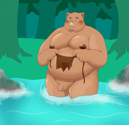 anthro balls bathing belly big_belly big_moobs blush bottomwear clothing flaccid foreskin genitals humanoid_genitalia humanoid_penis kemono loincloth male moobs nipples nude outside overweight overweight_male partially_submerged penis plant solo standing tree tribal unretracted_foreskin water givemepudding3 mammal suid suine sus_(pig) wild_boar 2024 hi_res