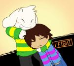 2015 ambiguous_gender animated anthro asriel_dreemurr blush boss_monster_(undertale) bovid brown_hair caprine child clothing duo eyes_closed fight frisk_(undertale) fur goat hair horn human male mammal oob pattern_clothing short_playtime smile striped_clothing stripes undertale undertale_(series) white_body white_fur young