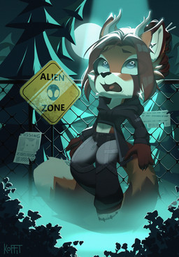 2_horns anthro blue_eyes chibi clothing eyebrow_piercing facial_piercing horn levitating male night piercing scared sign solo streetwear techwear ufo koffit redmint_(tsrse) ailurid alien deer hybrid mammal red_panda absurd_res hi_res