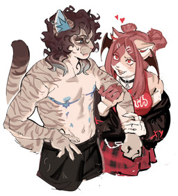 abs anthro blue_eyes bodily_fluids bottomwear brown_body brown_fur brown_hair choker clothing cross cross_necklace dipstick_tail duo fangs female freckled_face freckles fur hair hair_bun head_wings holding_another inner_ear_fluff jacket jewelry long_hair long_tail looking_at_another male markings multi_nipple muscular necklace nipples open_mouth pink_hair pointy_ears red_eyes shirt short_hair shorts simple_background skirt striped_markings stripes sweat sweatdrop tail tail_markings tank_top teeth topwear tuft twin_buns twintails_(hairstyle) unusual_wing_placement whisker_spots wings ddcrushh unnamed_character ambiguous_species felid feline mammal digital_drawing_(artwork) digital_media_(artwork) hi_res