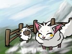 cloud duo feral fur happy mountain outside pasture sky yuumisocute palworld pocketpair bovid canid canine caprine cremis fox lamball mammal pal_(species) sheep 4:3 hi_res