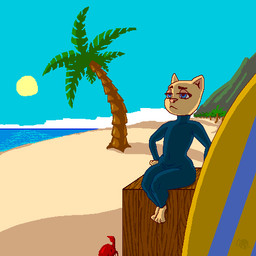 anthro barefoot beach biped blue_eyes clothed clothing detailed_background feet female flat_chested half-closed_eyes narrowed_eyes navel one-piece_swimsuit outside palm_tree plant sand sea seaside sitting sky solo sun surfboard swimwear tree vehicle water watercraft wide_hips d0t ambient_arthropod ambient_crab ambient_crustacean ambient_sealife felid mammal 1:1 digital_media_(artwork) low_res microsoft_paint_(artwork)
