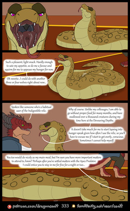 4_panel_comic abdominal_bulge anthro anthro_prey barefoot black_horn black_stripes bodily_fluids bottomwear brown_hair clothing dialogue eye_contact eyes_closed feet female female_prey feral feral_pred forked_tongue fully_inside fur furaffinity_logo glottis green_eyes grey_body group hair horn in_throat jacket looking_at_another male male/female male_prey neck_bulge open_mouth oral_vore page_number pants patreon_logo purple_eyes raised_head red_body saliva saliva_string scales serpentine_vore sharp_teeth shirt soft_vore speech_bubble stripes swallowing tail teeth tempting text tongue tongue_out topwear trio ventral_scales vore yellow_body yellow_scales rimentus furaffinity mythology patreon coalt kharl_(rimentus) vess_(rimentus) anaconda boa_(snake) boinae canid canine canis dragon furred_dragon furred_scalie mammal mythological_creature mythological_scalie reptile scalie snake wingless_dragon wolf comic english_text hi_res multiple_scenes url