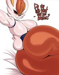 anthro big_butt biped breasts butt cinderace dialogue female fur generation_8_pokemon hi_res huge_butt looking_back nintendo pokemon pokemon_(species) rear_view red_body saltyxodium solo white_body white_fur