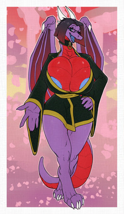 anthro asian_clothing aureola big_breasts breast_squish breasts claws clothed clothing east_asian_clothing eyewear female glasses hair huge_breasts japanese_clothing kimono looking_at_viewer mature_anthro mature_female nipples non-mammal_breasts non-mammal_nipples open_mouth purple_body smile solo squish standing tail teeth thick_thighs tongue wardrobe_malfunction wide_hips wings diagamon mythology demalyx dragon mythological_creature mythological_scalie scalie