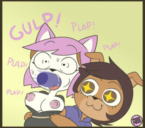 anthro assisted_oral assisted_rape big_breasts border breasts brown_body brown_eyes brown_fur brown_hair clothed clothing cuckquean duo exposed_breasts fellatio female forced fur hair hands_behind_back male male/female nipples oral partially_clothed penile pink_hair rape sex white_body white_fur yellow_border missmess disney the_owl_house amity_blight luz_noceda canid canine canis domestic_cat domestic_dog felid feline felis mammal hi_res