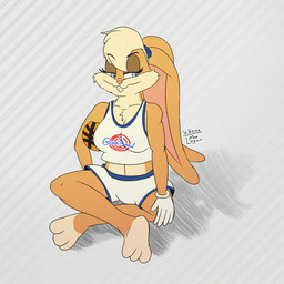 accessory anthro ball basketball_(ball) big_ears blonde_hair blue_eyes breasts buckteeth clothing crossed_legs crosslegged_pose ear_tie female fur gloves grin hair hair_accessory hair_tie handwear narrowed_eyes orange_body orange_fur pink_nose simple_background smile solo sportswear teeth toony viverna looney_tunes space_jam warner_brothers lola_bunny lagomorph leporid mammal rabbit 1:1 flat_colors hi_res