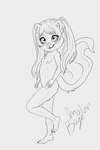 anthro female hair hand_on_butt hand_on_hip long_tail looking_at_another nipples on_one_leg ponytail solo standing tail young young_anthro young_female smol_boye fan_character mammal mephitid skunk hi_res monochrome