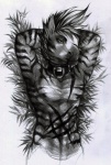 abs anthro biped clothed clothing collar hands_behind_head looking_at_viewer lying male navel nipples on_back scar solo stripes topless harag huru equid equine mammal zebra 2012 greyscale hi_res monochrome