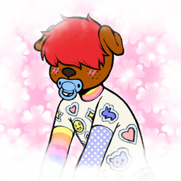 ambiguous_gender anthro blush blush_lines brown_body clothed clothing floppy_ears folded_ears freckled_face freckles hair multicolored_clothing pacifier pattern_background rainbow_clothing red_hair short_hair simple_background solo sticker young young_anthro dreamscreep art_fight puppy_(hyena_titz) canid canine canis domestic_dog mammal 1:1 digital_media_(artwork) hi_res