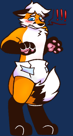 anthro black_body black_fur blue_eyes blush clothed clothing diaper diaper_only embarrassed exclamation_point fur hair male orange_body orange_fur solo topless tucked_tail wearing_diaper white_body white_fur white_hair boycotee canid canine fox mammal red_fox true_fox alpha_channel hi_res