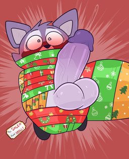 balls bdsm big_penis big_tail bondage bound fur genitals gift_wrapped huge_penis huge_tail humanoid_genitalia humanoid_penis male penis purple_body purple_fur simple_background tail crushpepper indigo_park rambley_raccoon mammal procyonid raccoon hi_res tagme