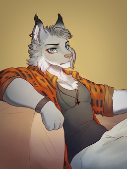 anthro blue_eyes cross cross_necklace ear_piercing eye_makeup eyelashes eyeliner eyeshadow fist flannel_shirt furniture inverted_cross jewelry looking_at_viewer makeup male mascara necklace neutral_expression piercing sitting sofa solo nikittyiringiro echo_(game) echo_(series) echo_project tj_hess canada_lynx felid feline lynx mammal 3:4