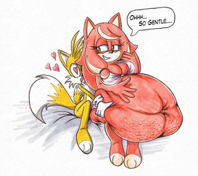 after_vore anthro belly big_belly breasts duo female fur male orange_body orange_fur overweight pink_body simple_background speech_bubble text vore white_background killboo sega sonic_the_hedgehog_(series) the_murder_of_sonic_the_hedgehog conductor's_wife_(sonic) miles_prower canid canine canis domestic_dog fox mammal 2024