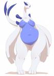 3_toes anthro anthrofied avian belly big_breasts biped blue_body breasts curvy_figure digital_media_(artwork) eyelashes featureless_breasts featureless_crotch feet female front_view full-length_portrait generation_2_pokemon half-closed_eyes hi_res legendary_pokemon long_tail looking_at_viewer lugia multicolored_body narrowed_eyes navel nintendo non-mammal_breasts nude pear-shaped_figure pokemon pokemon_(species) pokemorph portrait red_eyes signature simple_background solo source_request standing sunibee tail thick_thighs toes unavailable_at_source white_background white_body wide_hipped_female wide_hips