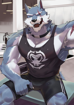 anthro armpit_hair athletic_wear black_bottomwear black_clothing black_collar black_shirt black_shorts black_tank_top black_topwear blue_body blue_fur bodily_fluids body_hair bottomwear clothing collar exercise eyes_closed fangs first_person_view fur gym male muscular muscular_male scar shirt shorts sitting smile solo sweat sweatdrop talking_to_viewer tank_top teeth topwear white_body white_fur workout kenjilokung dislyte lilith_games freddy_(dislyte) canid canine canis mammal wolf absurd_res hi_res