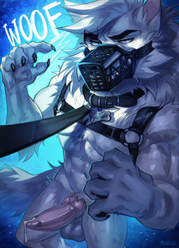 animal_genitalia animal_penis anthro black_nose bodily_fluids canine_genitalia canine_penis collar cum cum_drip dripping erection fur genital_fluids genitals harness knot knotted_penis leash leashed_collar male male_anthro muscular muzzle_(object) muzzled nude penis solo teeth wearing_collar white_body white_fur mekaska alex_(thehamildog) canid canine canis mammal wolf hi_res