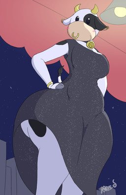 anthro anthrofied awning beady_eyes bell bell_collar belly big_belly big_butt black_body black_eyes black_fur blush blush_lines bracelet breasts butt city_skyline cleavage clothed clothing collar cowbell dot_eyes dress ear_piercing ear_ring facial_piercing female fingers fur hooved_fingers hooves horn huge_butt huge_thighs jewelry lamp light_bulb low-angle_view markings night nose_piercing nose_ring outside piercing ring_piercing side_butt simple_eyes sky skyline slightly_chubby slightly_chubby_anthro slightly_chubby_female slit_dress solo spots spotted_body spotted_fur star starry_sky tail tail_tuft text thick_thighs tuft white_body white_fur wide_hips moztove mario_bros mario_kart nintendo moo_moo_meadows_cow bovid bovine cattle mammal 2025 artist_name hi_res signature