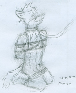 anthro bdsm bondage bound kneeling leash looking_up male nude restraints rope rope_bondage solo submissive submissive_male clenonwolf canid canine fox mammal 2021 dated full-length_portrait graphite_(artwork) hi_res portrait signature traditional_media_(artwork)