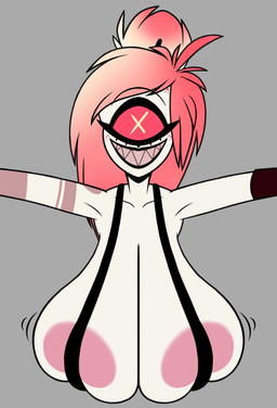 1_eye areola areola_slip arm_tattoo bangs big_breasts breasts clothed clothing eyelashes female freckled_face freckles grey_background grin hair huge_breasts long_eyelashes looking_at_viewer motion_lines not_furry pink_hair red_eyes sagging_breasts sharp_teeth simple_background sling_bra smile solo tattoo teeth white_body x_pupils lt03official hazbin_hotel hellaverse cherri_bomb_(hazbin_hotel) cyclops demon demon_humanoid humanoid 2025 hi_res
