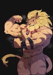 5_fingers abs anthro balls barazoku biceps biped blonde_hair blue_eyes blush bodily_fluids ear_piercing fingers fist flexing foreskin fur genitals grin hair humanoid_genitalia humanoid_penis jewelry kemono looking_at_viewer male mane muscular muscular_anthro muscular_male necklace nude pecs penis piercing pose pubes pupils slit_pupils smile solo tan_body tan_fur tan_skin vein tiggon_the_great bandai_namco digimon digimon_(species) felid leomon mammal pantherine hi_res