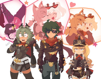 anthro armor belt black_hair blonde_hair blush blush_stickers bottomwear breasts cheek_to_cheek clothed clothing cutaway dialogue duo eyes_closed eyeshadow eyewear eyewear_on_head female female/female fingerless_gloves flashback fur gloves group hair half-closed_eyes hand_holding handwear headgear heart_symbol helmet hug jacket kissing kissing_cheek leather leather_clothing leather_jacket leather_topwear legwear long_hair looking_at_viewer makeup male midriff narrowed_eyes neutral_expression not_furry_focus open_mouth pants pickelhaube shocked simple_background smile star_symbol sunglasses sunglasses_on_head text thigh_highs topwear trio tuft wearing_sunglasses white_body white_fur yellow_body yellow_fur mangedugruau mihoyo zenless_zone_zero burnice_white caesar_king lighter_(zenless_zone_zero) luciana_de_montefio pulchra_fellini felid feline human mammal thiren 2024 absurd_res digital_media_(artwork) english_text hi_res
