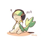 3_fingers ambiguous_gender anthro cellphone electronics fingers front_view green_body green_tail headphones musical_note musical_symbol phone question_mark red_eyes simple_background sitting smile solo symbol tail white_background advos nintendo pokemon generation_5_pokemon pokemon_(species) snivy 1:1 2024 digital_media_(artwork)