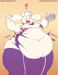 5_fingers anthro areola belly big_belly breasts clothed clothing deep_navel dessert eating female fingers food gradient_background horn huge_hips long_ears navel obese obese_anthro obese_female overweight overweight_anthro overweight_female pastry pie pie_tin simple_background solo text torn_clothing weight_gain wide_hipped_female wide_hips nekocrispy undertale undertale_(series) toriel boss_monster_(undertale) bovid caprine mammal 2018 digital_media_(artwork) hi_res sequence url