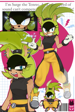 alternative_fashion anthro biped black_bottomwear black_clothing black_nose black_pants black_shirt black_topwear blue_eyes bottomwear bracelet clothed clothed_anthro clothed_female clothing crouching delinquent ear_piercing ear_ring electricity female female_anthro footwear front_view gloves glowing glowing_eyes green_ears green_hair grin hair handwear jewelry looking_at_viewer looking_forward multicolored_bottomwear multicolored_clothing multiple_poses open_mouth pants piercing ponytail pose punk ring ring_piercing sharp_teeth shirt shoes sleeveless_shirt smile solo standing studded_bracelet studded_jewelry studs tan_body tan_skin teeth text tomboy topwear two_tone_bottomwear two_tone_clothing two_tone_pants white_clothing white_gloves white_handwear yellow_bottomwear yellow_clothing yellow_footwear yellow_pants yellow_shoes octoooo idw_publishing sega sonic_the_hedgehog_(comics) sonic_the_hedgehog_(idw) sonic_the_hedgehog_(series) surge_the_tenrec afrosoricid mammal tenrec 2022 absurd_res digital_media_(artwork) english_text hi_res