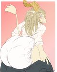 anthro big_diaper blush clean_diaper clothed clothing diaper dress_shirt hair horn long_hair looking_at_viewer looking_back looking_back_at_viewer male pulling_pants_down raised_tail rear_view shirt solo tail topwear wearing_diaper extremius_amphibious beastars pina_(beastars) bovid caprine dall_sheep mammal sheep absurd_res hi_res