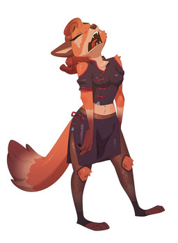 3_toes anthro asian_clothing bare_shoulders biped breasts brown_hair chinese_clothing chinese_dress clothed clothed_anthro clothed_female clothing countershade_face countershade_neck countershade_torso countershading dipstick_tail dress east_asian_clothing eyes_closed fangs feet female female_anthro fingers fluffy fluffy_tail fully_clothed fully_clothed_anthro fully_clothed_female fur gloves_(marking) hair knee_tuft leg_tuft legwear long_tail markings midriff navel open_mouth orange_body orange_fur plantigrade pointy_ears side_slit side_slit_skirt side_view simple_background snout solo standing stockings tail tail_markings teeth toes translucent translucent_clothing tuft ruffu unnamed_character canid canine fox mammal digital_drawing_(artwork) digital_media_(artwork) full-length_portrait portrait