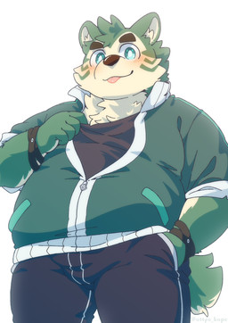 anthro belly blep blush bracelet clothing eyebrows fur green_body green_eyes green_fur jacket jewelry male overweight solo thick_eyebrows tongue tongue_out topwear ottyo_kope lifewonders live_a_hero mokdai canid canine canis domestic_dog mammal hi_res